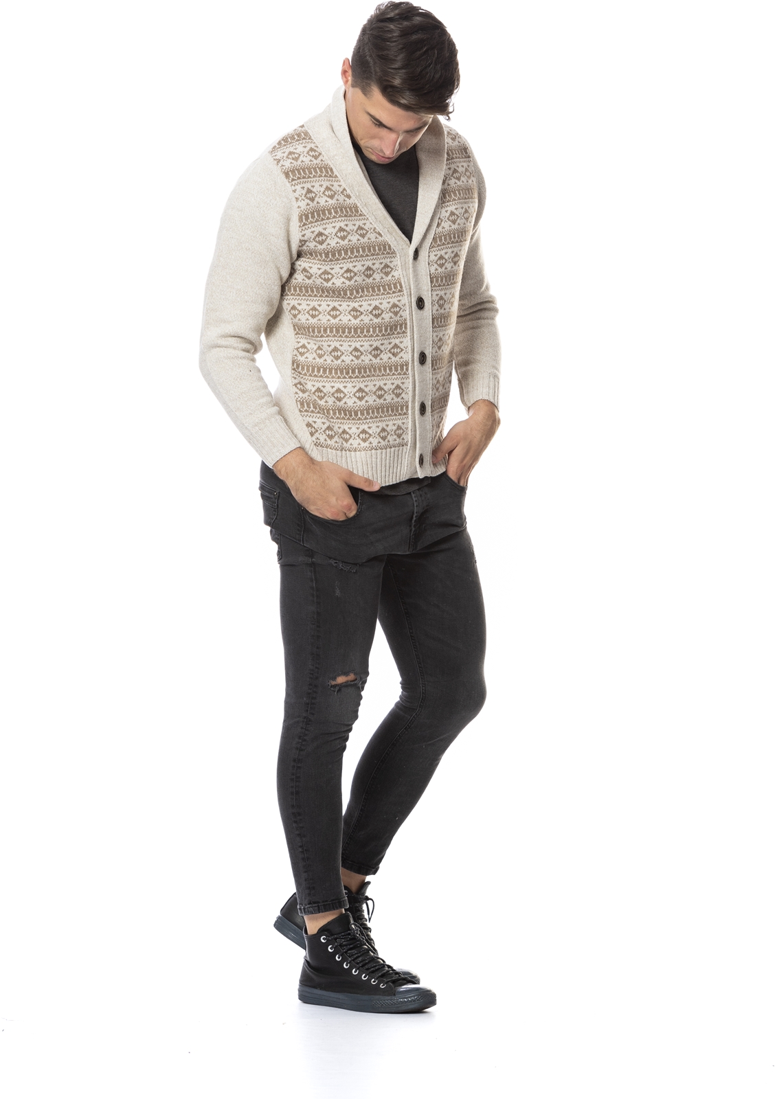 Chaqueta de botones, cuello smoking, jacquard grecas, color beige